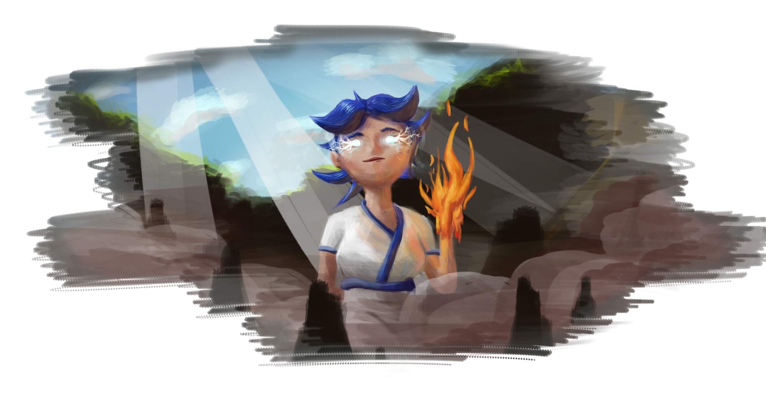 A magical woman in a cave. She has blue hair, lightning in her eyes, and fire at her fingertips.