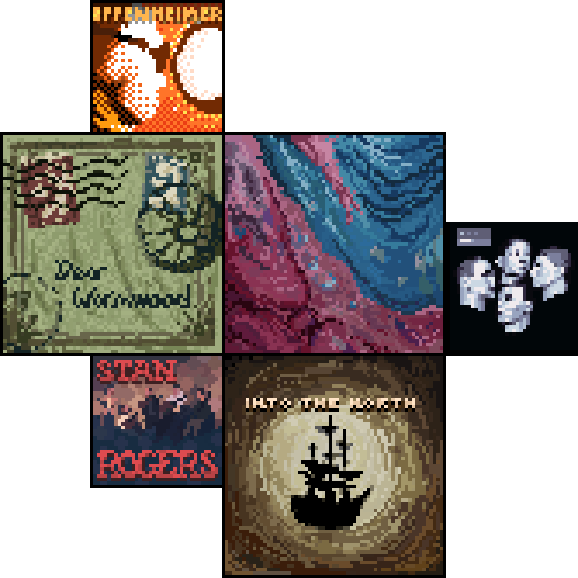 A collection of album covers, drawn as pixel art.